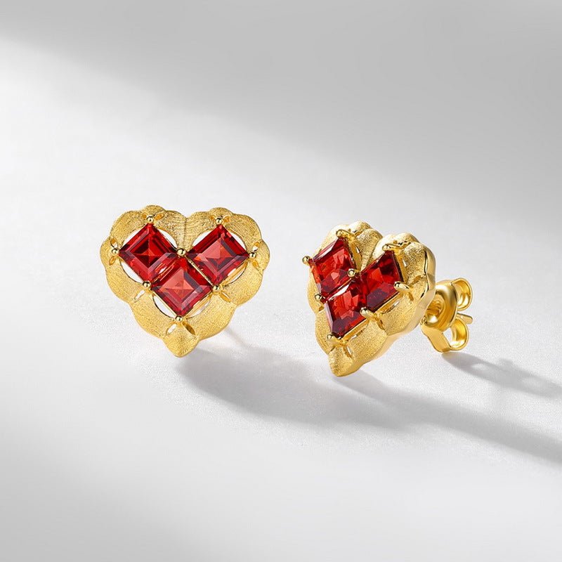 Garnet Heart Stud Earrings in 925 Sterling Silver - French Inspired Valentine's Gift