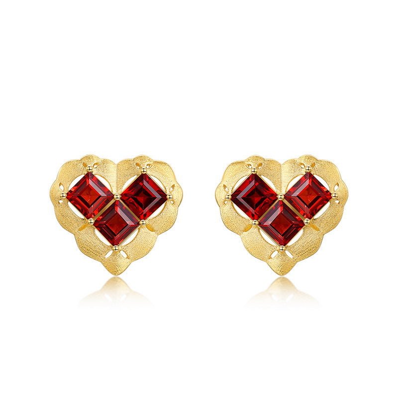 Garnet Heart Stud Earrings in 925 Sterling Silver - French Inspired Valentine's Gift