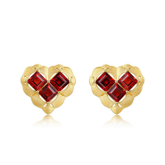 Garnet Heart Stud Earrings in 925 Sterling Silver - French Inspired Valentine's Gift