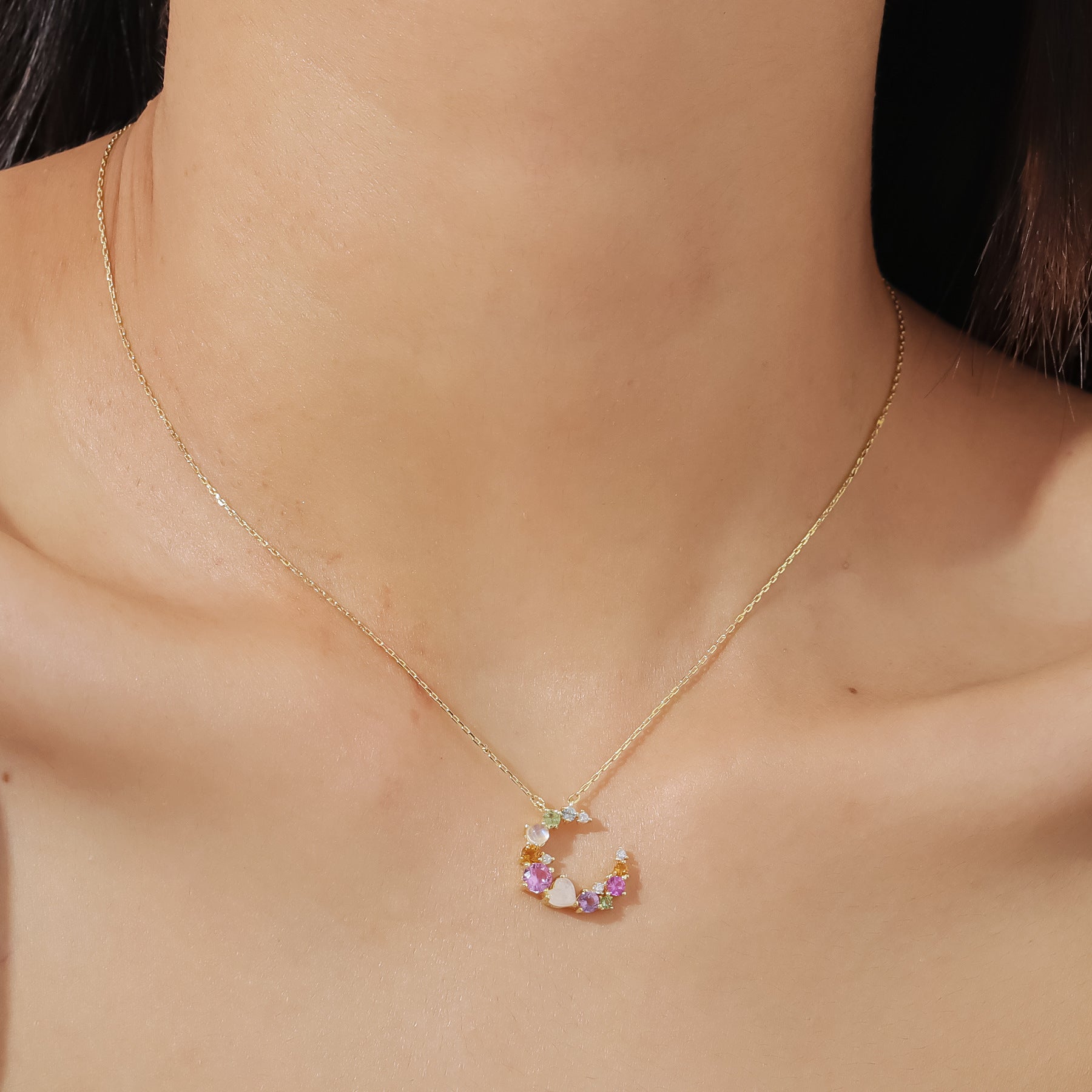 Gemstone Moon Pendant Necklace | 925 Sterling Silver | Colorful Christmas Gift for Her