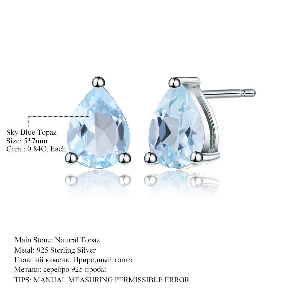 Genuine Swiss Blue Topaz Stud Earrings | March Birthstone Gift | Pear Shape