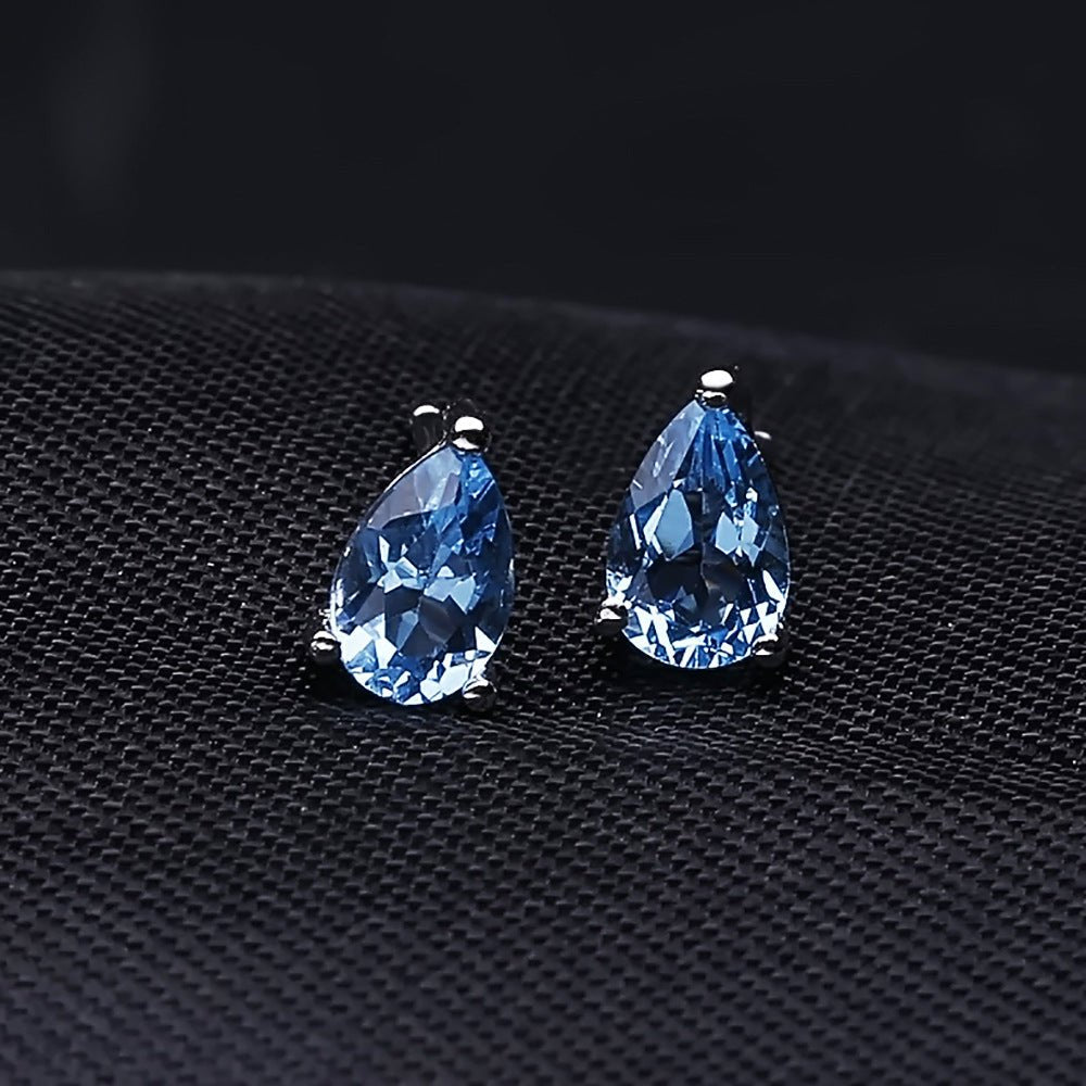 Genuine Swiss Blue Topaz Stud Earrings | March Birthstone Gift | Pear Shape