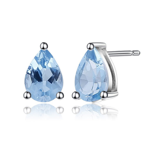 Genuine Swiss Blue Topaz Stud Earrings | March Birthstone Gift | Pear Shape
