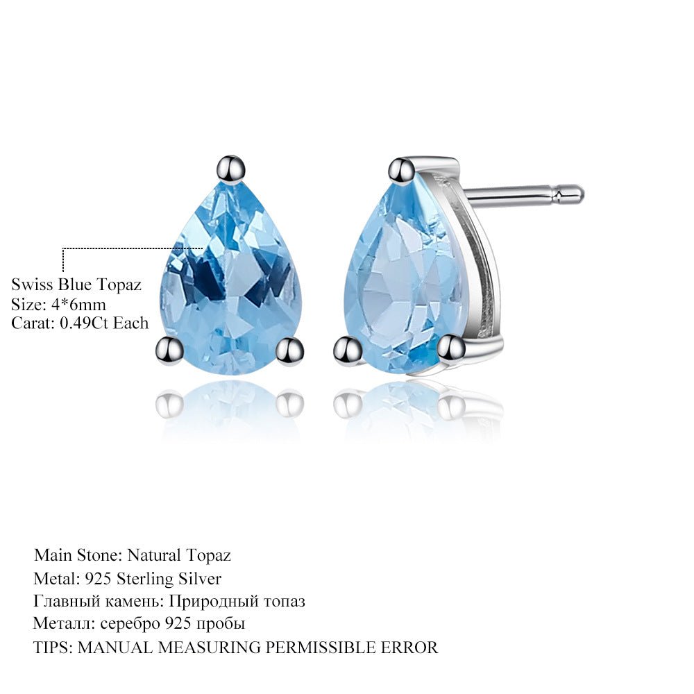 Genuine Swiss Blue Topaz Stud Earrings | March Birthstone Gift | Pear Shape