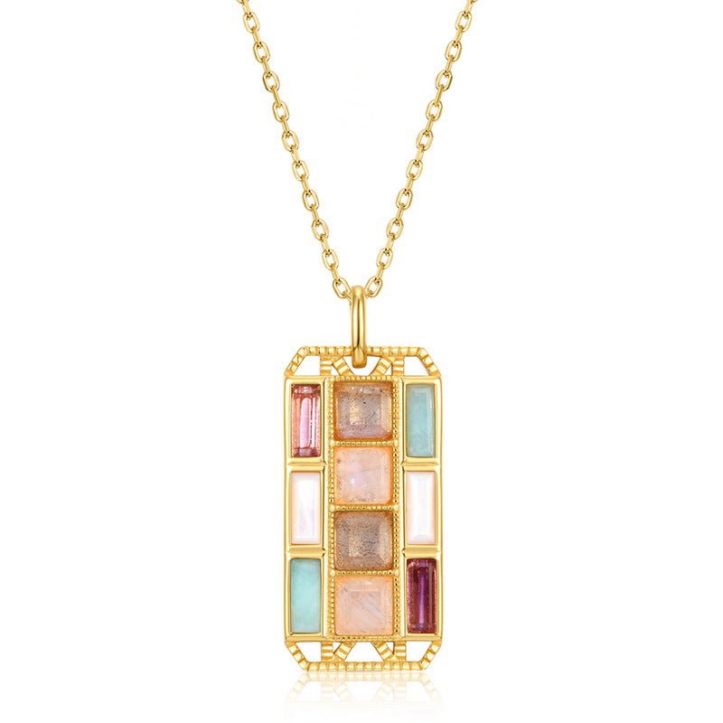 Geometric Rectangle Pendant Necklace - 925 Sterling Silver with Multi - Gemstone Inlay