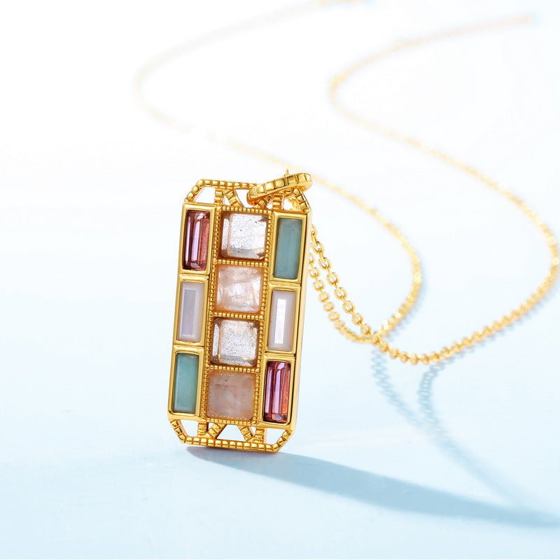 Geometric Rectangle Pendant Necklace - 925 Sterling Silver with Multi - Gemstone Inlay