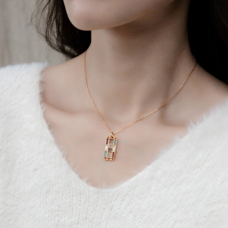 Geometric Rectangle Pendant Necklace - 925 Sterling Silver with Multi - Gemstone Inlay