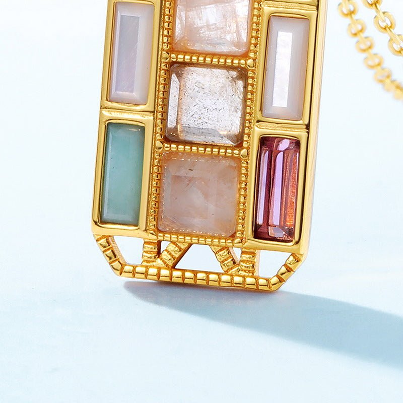 Geometric Rectangle Pendant Necklace - 925 Sterling Silver with Multi - Gemstone Inlay