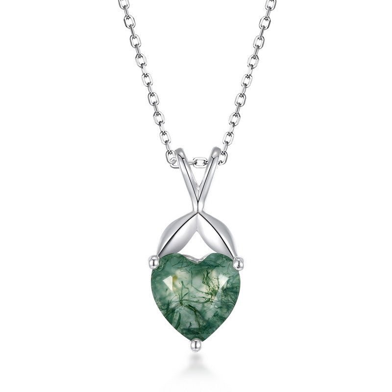 Gold Plated Heart Moss Agate Necklace, 925 Sterling Silver Clavicle Chain Gift for Her
