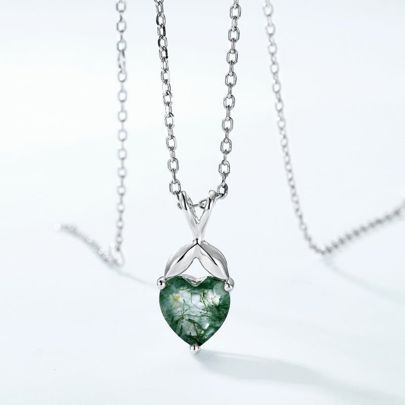 Gold Plated Heart Moss Agate Necklace, 925 Sterling Silver Clavicle Chain Gift for Her