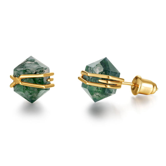 Gothic Moss Agate Stud Earrings in Gold Plated 925 Silver
