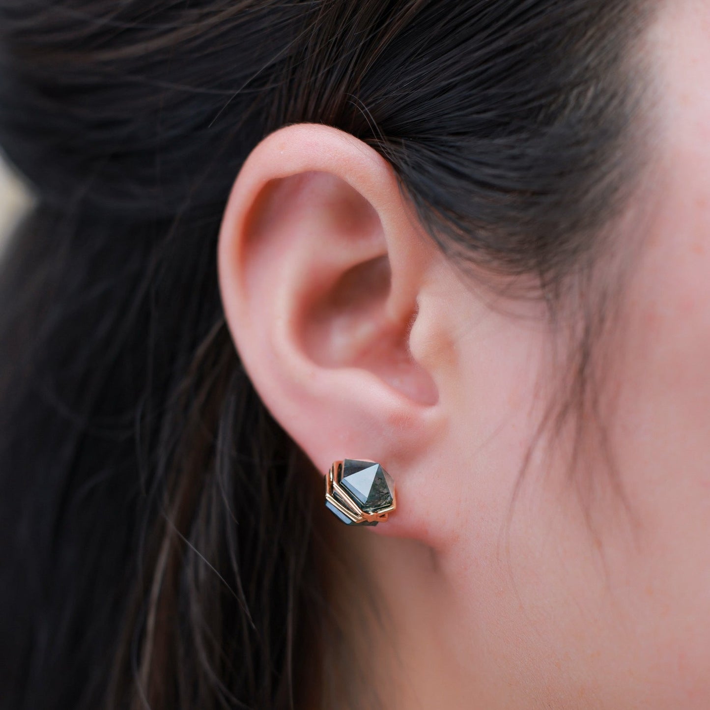 Gothic Moss Agate Stud Earrings in Gold Plated 925 Silver