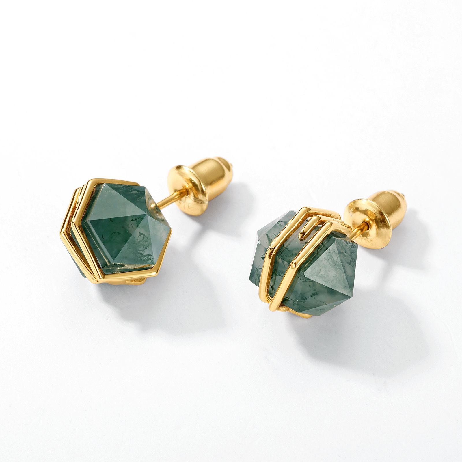 Gothic Moss Agate Stud Earrings in Gold Plated 925 Silver