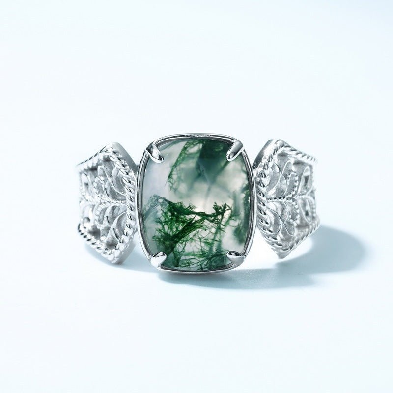 Green Moss Agate Cushion Ring 925 Silver Water Plants Agate Finger Adjustable Ring