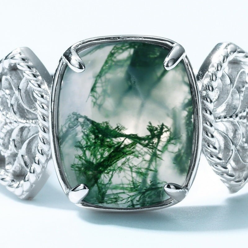 Green Moss Agate Cushion Ring 925 Silver Water Plants Agate Finger Adjustable Ring