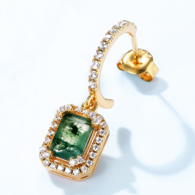 Green Moss Agate Earrings, Dangle Drop 925 Sterling Silver, Geometric Diamond Cut Jewelry Gift