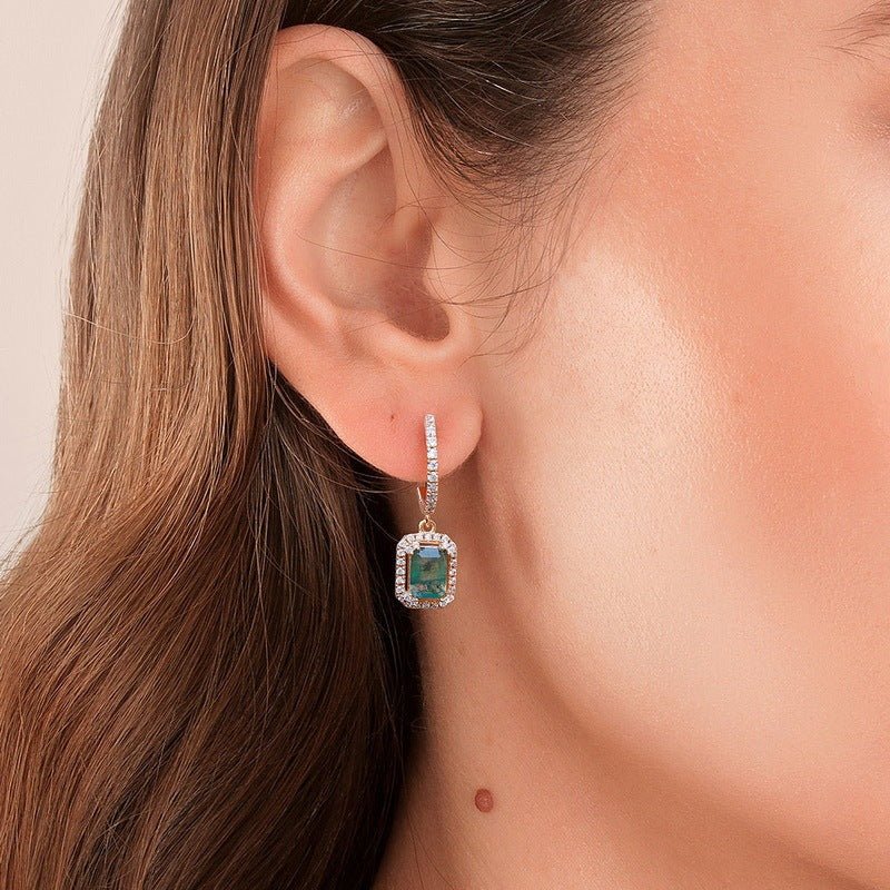 Green Moss Agate Earrings, Dangle Drop 925 Sterling Silver, Geometric Diamond Cut Jewelry Gift