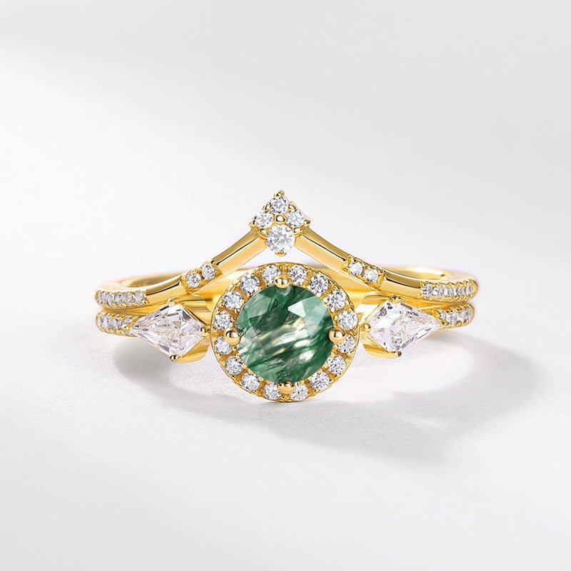 Green Moss Agate Engagement Ring, 10K Gold Plated 925 Silver Nature Wedding Band