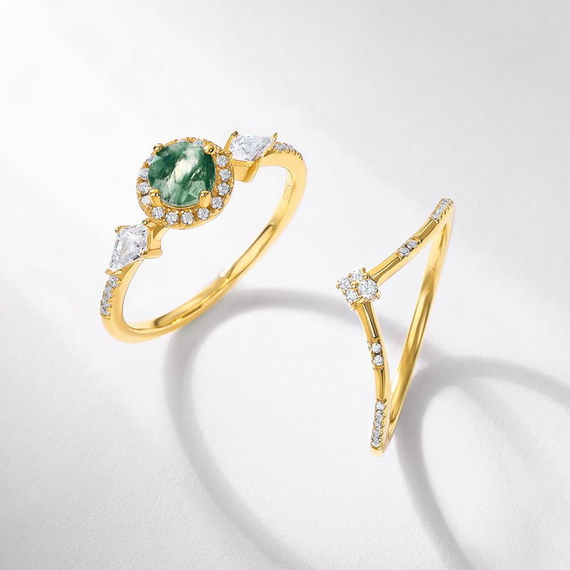 Green Moss Agate Engagement Ring, 10K Gold Plated 925 Silver Nature Wedding Band