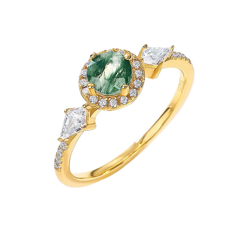 Green Moss Agate Engagement Ring, 10K Gold Plated 925 Silver Nature Wedding Band