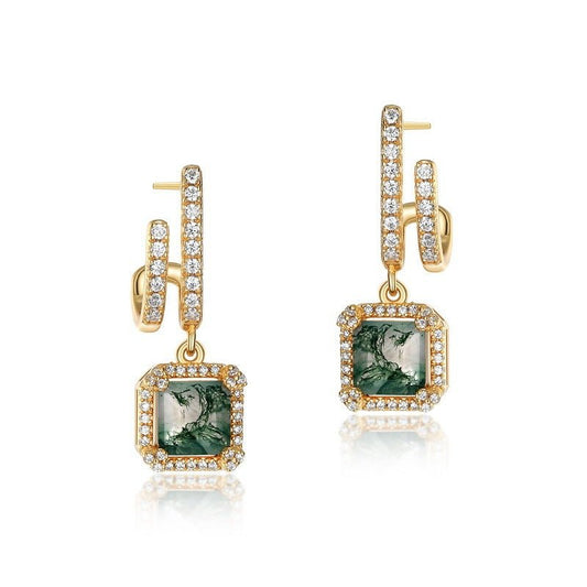 Green Moss Agate Huggie Earrings 10K Gold Plated 925 Sterling Silver, Cushion Shape Geometric Hoops