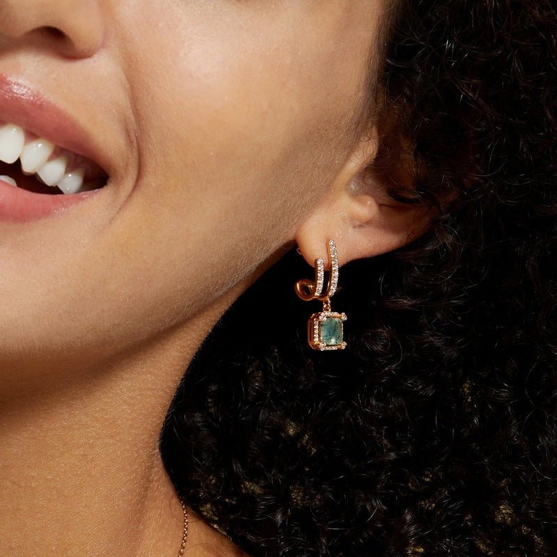 Green Moss Agate Huggie Earrings 10K Gold Plated 925 Sterling Silver, Cushion Shape Geometric Hoops