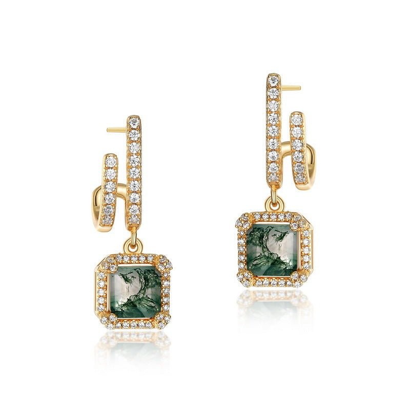 Green Moss Agate Huggie Earrings 10K Gold Plated 925 Sterling Silver, Cushion Shape Geometric Hoops