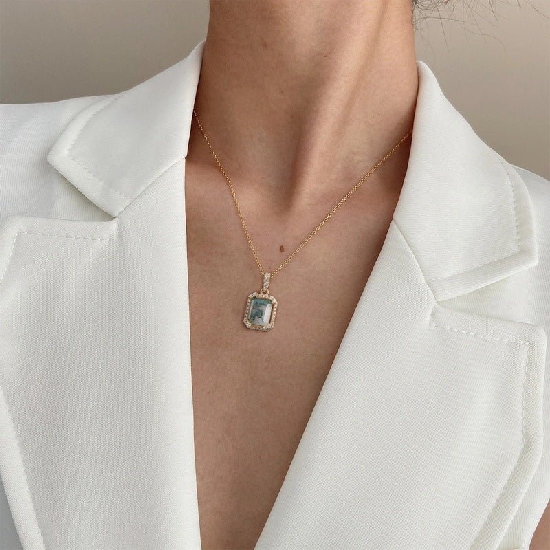 Green Moss Agate Pendant Necklace, 925 Sterling Silver Geometric Dangle Jewelry for Women