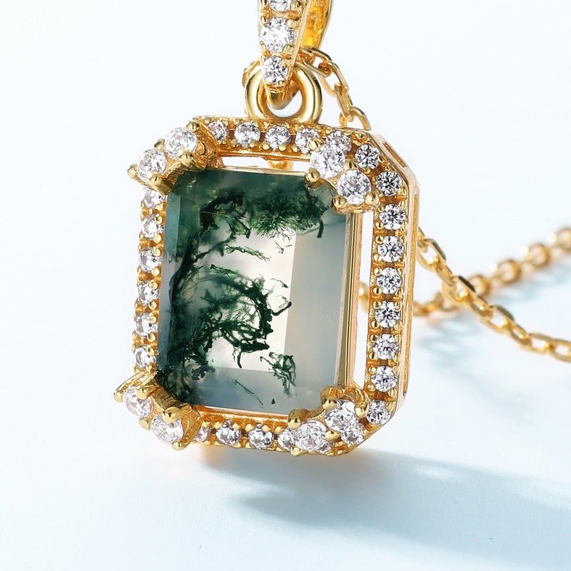 Green Moss Agate Pendant Necklace, 925 Sterling Silver Geometric Dangle Jewelry for Women