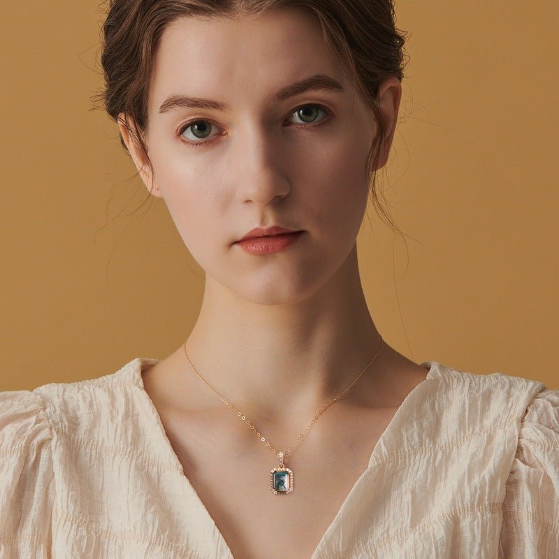 Green Moss Agate Pendant Necklace, 925 Sterling Silver Geometric Dangle Jewelry for Women