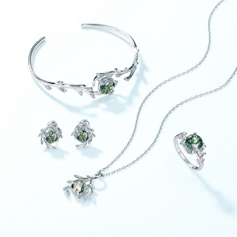 Green Moss Agate Pendant Necklace, 925 Sterling Silver Geometric Gemstone Necklace for Women