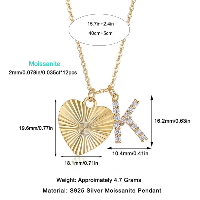 Heart and K Moissanite Pendant Silver Necklace Gift for Her