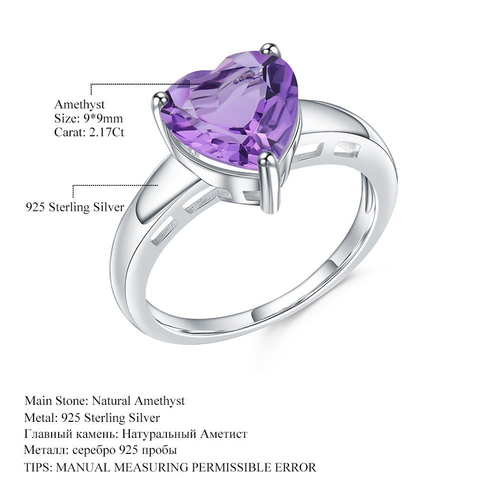 Heart Gemstone Ring: Amethyst, Garnet, Sky Blue Topaz in 925 Silver