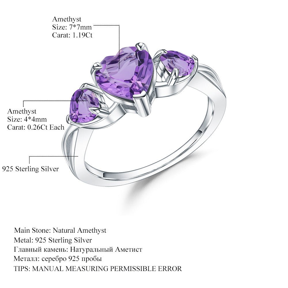 Heart Shaped Gemstone Ring - Amethyst or Rose Pomegranate in 925 Sterling Silver