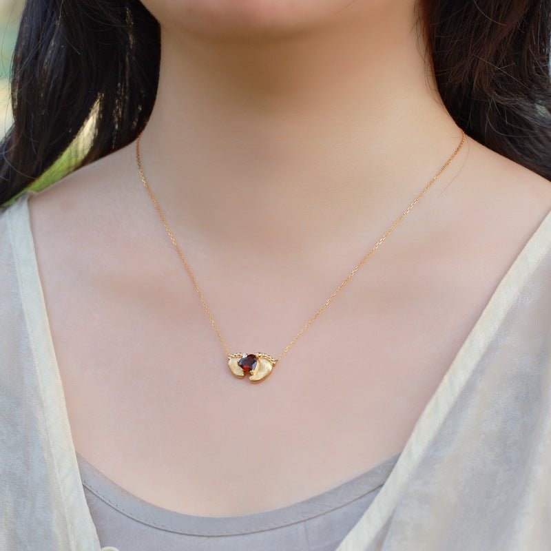 Heart Shaped Red Garnet Necklace Italian Craft 925 Sterling Silver Necklace Small Feet Gift for Her