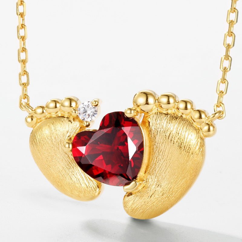 Heart Shaped Red Garnet Necklace Italian Craft 925 Sterling Silver Necklace Small Feet Gift for Her