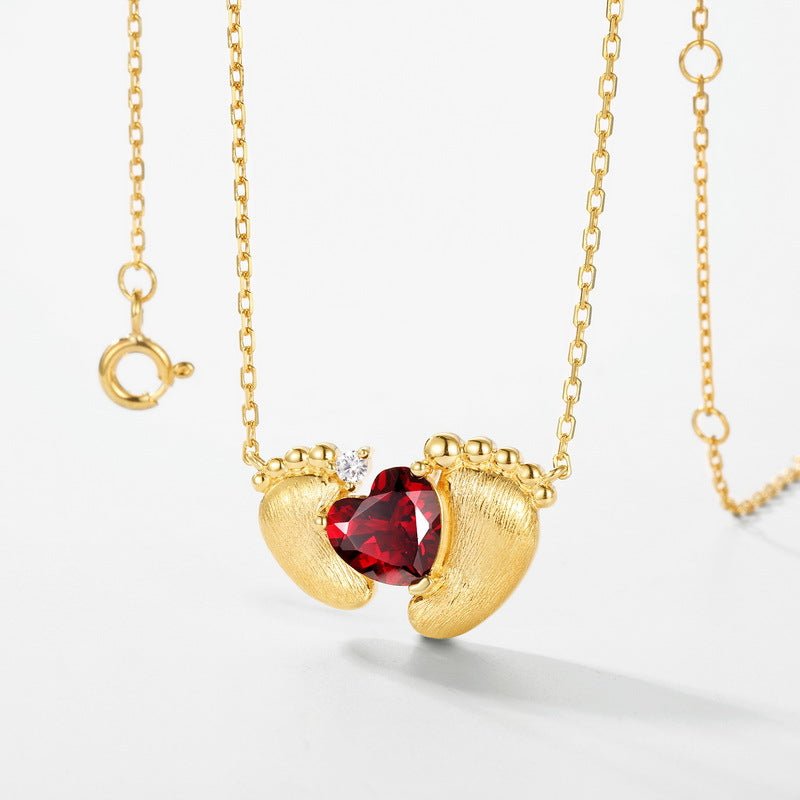Heart Shaped Red Garnet Necklace Italian Craft 925 Sterling Silver Necklace Small Feet Gift for Her