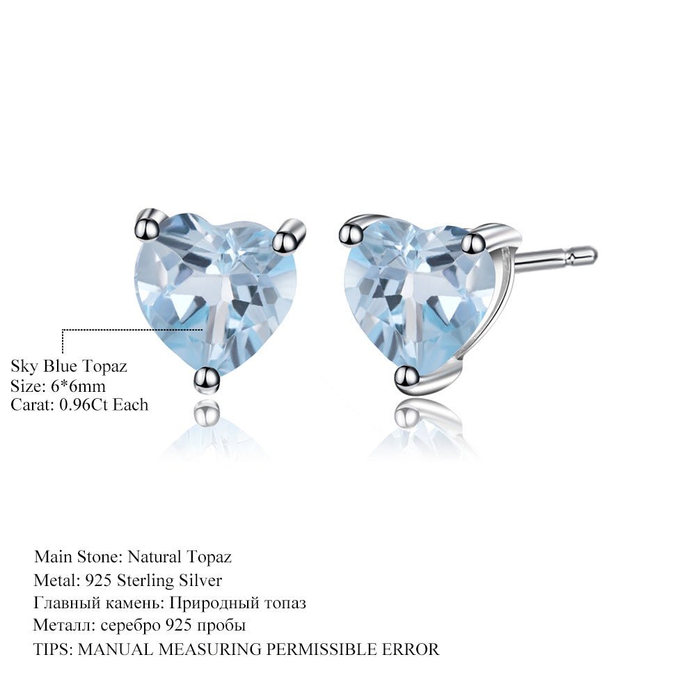 Heart Stud Earrings: Natural Amethyst or Blue Topaz in 925 Sterling Silver
