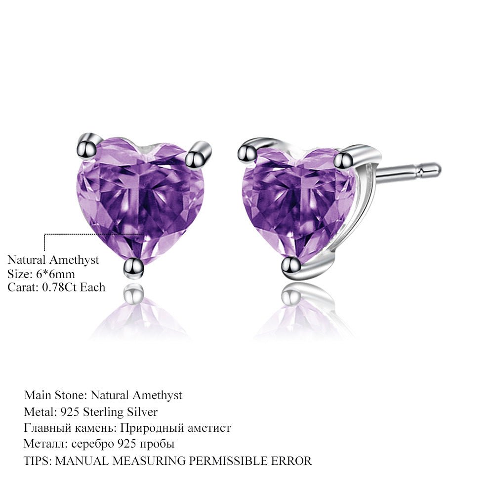 Heart Stud Earrings: Natural Amethyst or Blue Topaz in 925 Sterling Silver