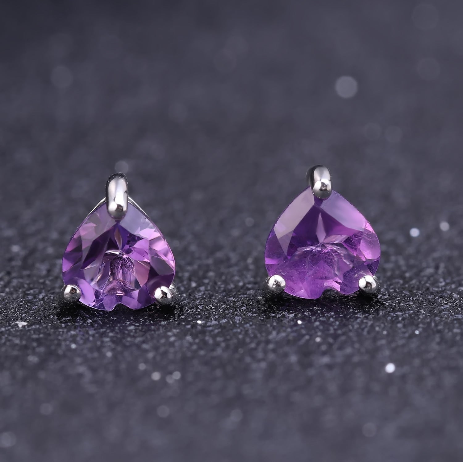 Heart Stud Earrings: Natural Amethyst or Blue Topaz in 925 Sterling Silver