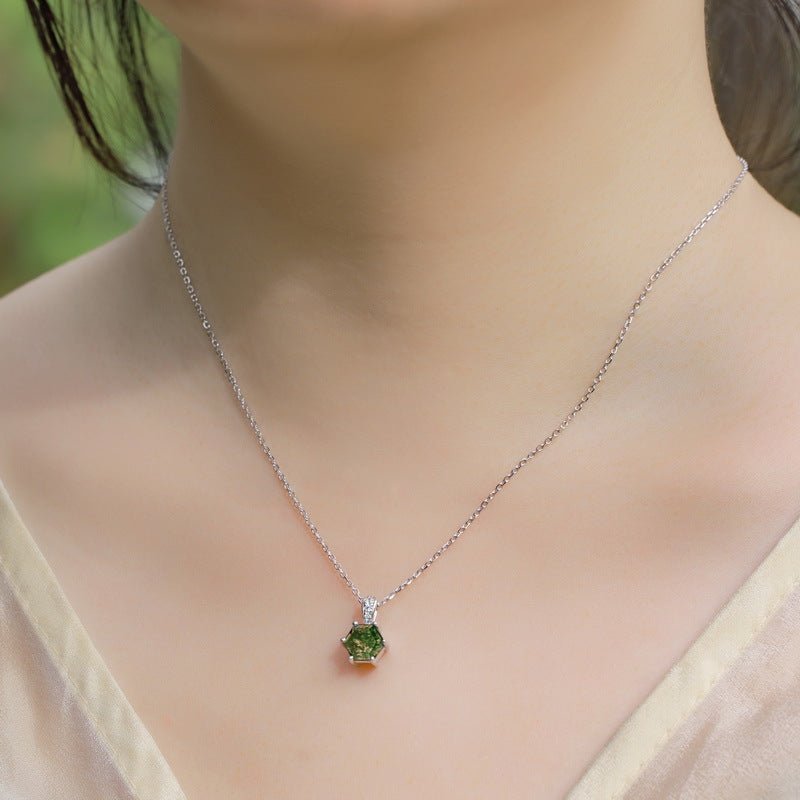 Hexagon Moss Agate Necklace 925 Sterling Silver Gift for Her