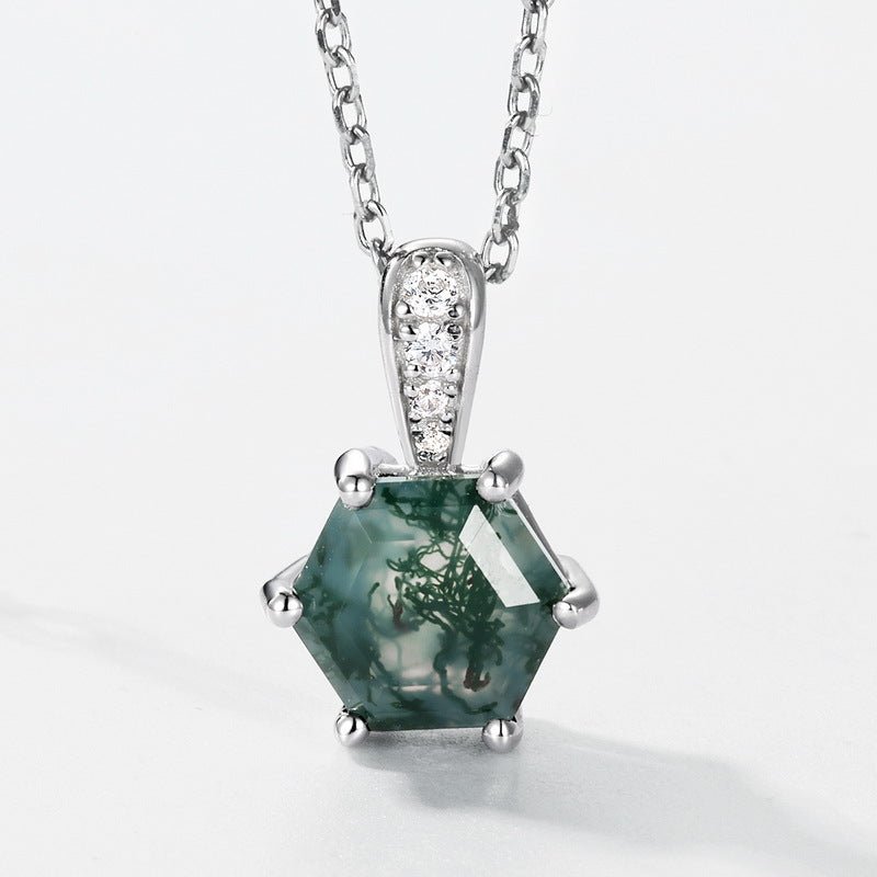 Hexagon Moss Agate Necklace 925 Sterling Silver Gift for Her