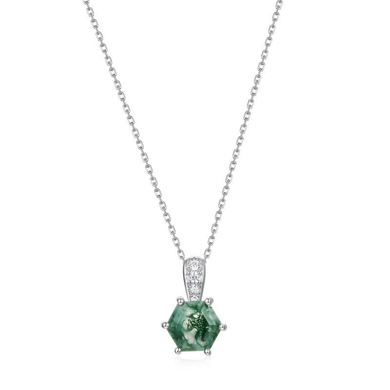 Hexagon Moss Agate Necklace 925 Sterling Silver Gift for Her