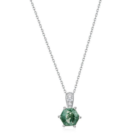 Hexagon Moss Agate Necklace 925 Sterling Silver Gift for Her