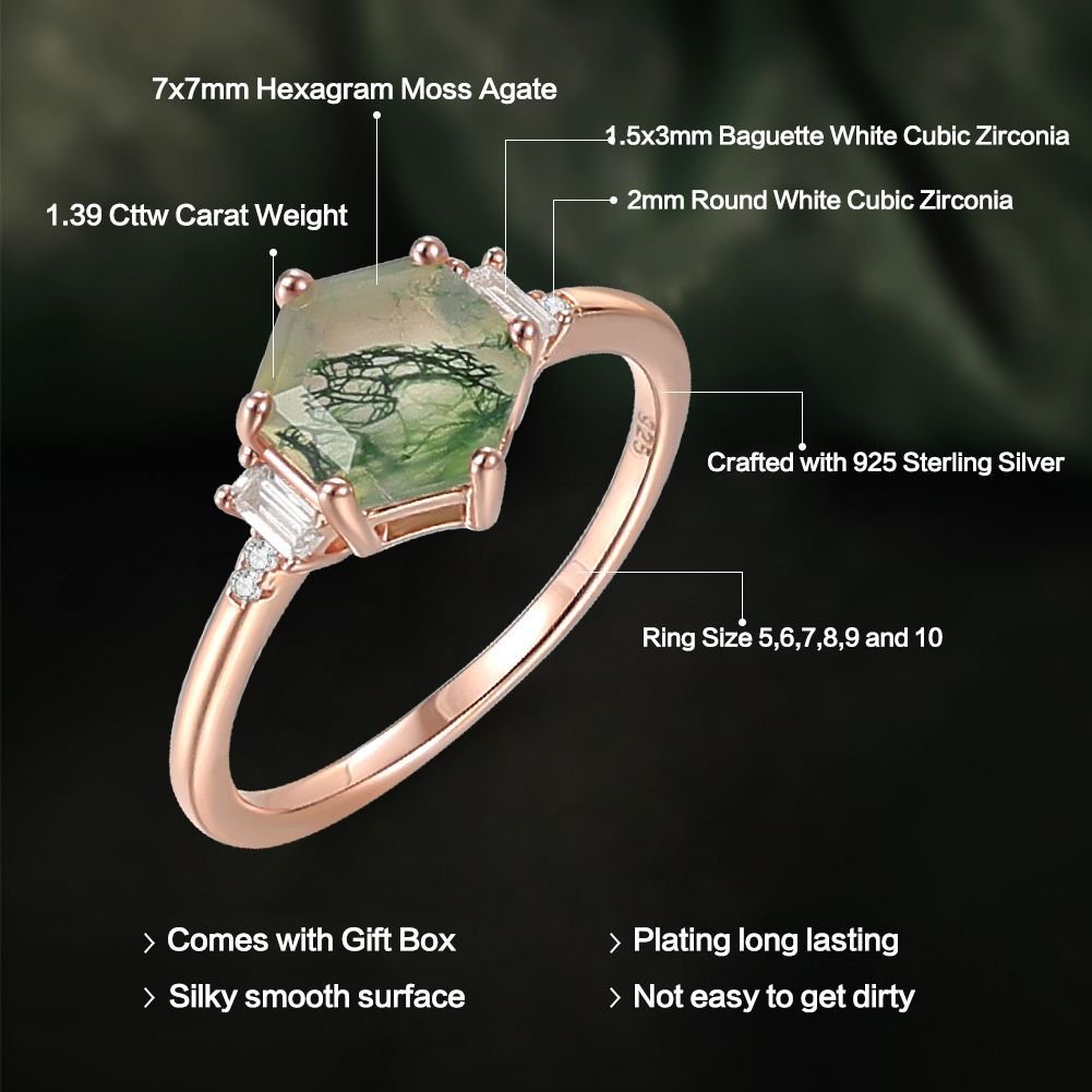 Hexagon Moss Agate Ring 925 Sterling Silver | Engagement & Anniversary Gift