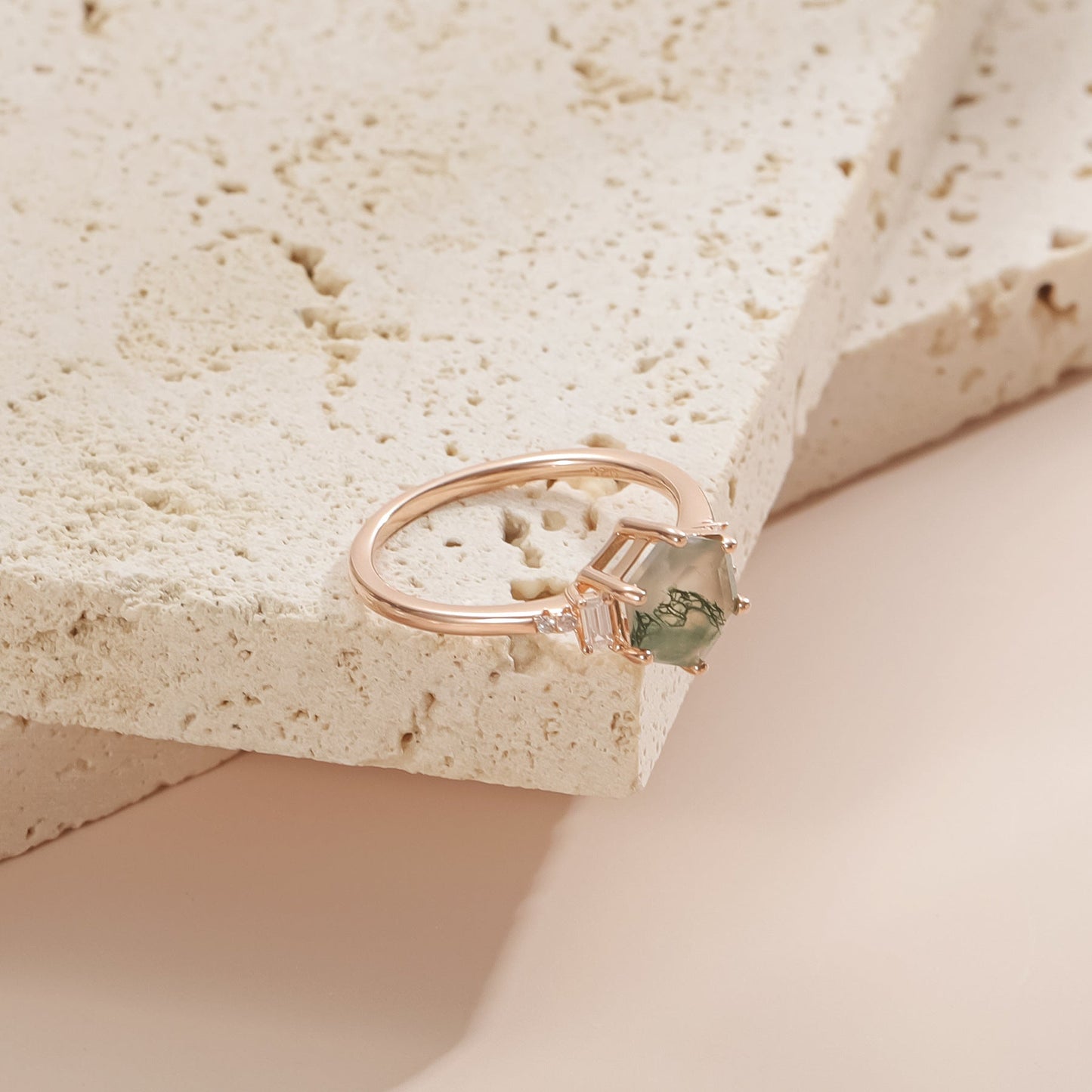 Hexagon Moss Agate Ring 925 Sterling Silver | Engagement & Anniversary Gift