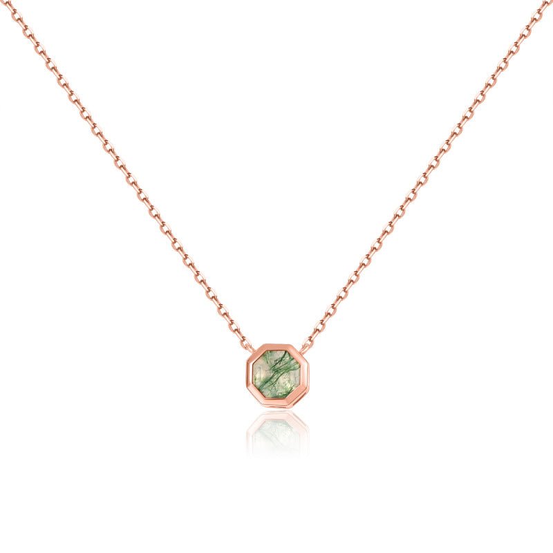Hexagonal Moss Agate Necklace – Minimalist Sterling Silver Gift