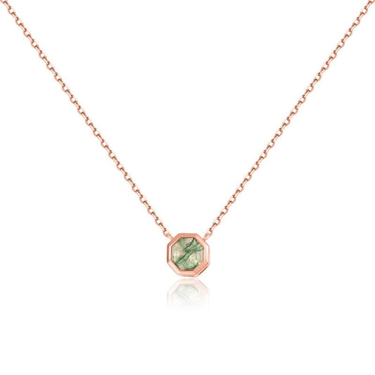 Hexagonal Moss Agate Necklace – Minimalist Sterling Silver Gift