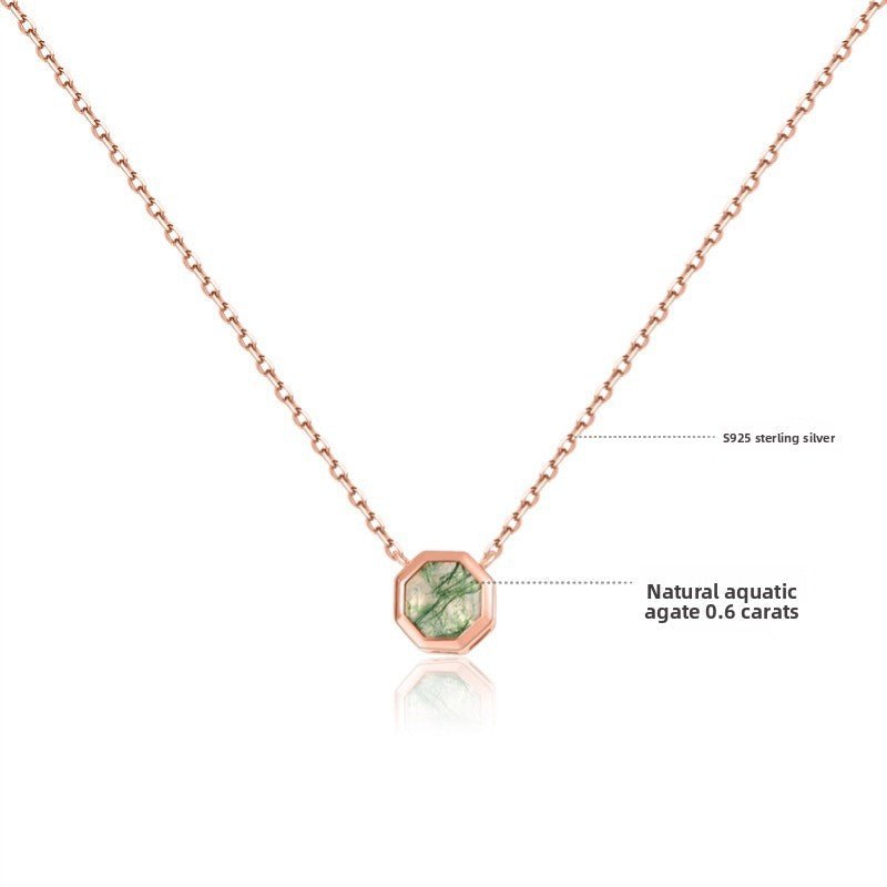 Hexagonal Moss Agate Necklace – Minimalist Sterling Silver Gift