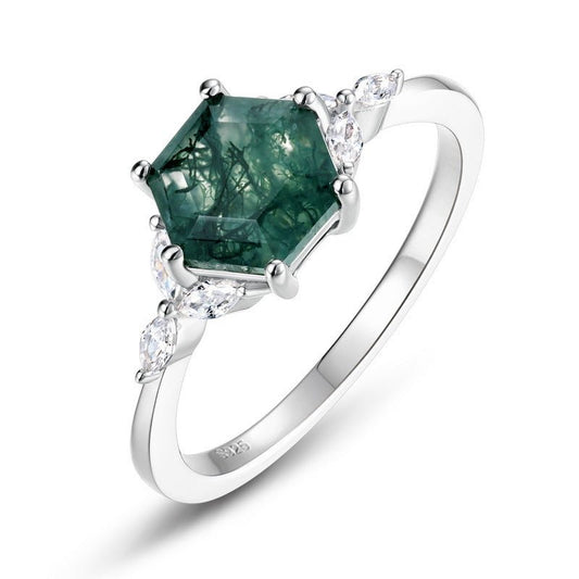Hexagonal Natural Green Moss Agate Engagement Ring 925 Sterling Silver Wedding Birthday Gift